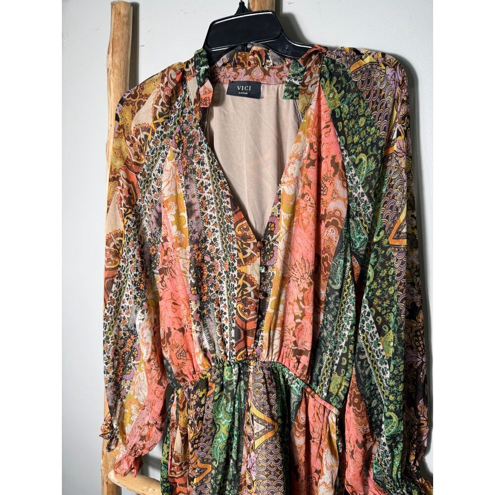 Vici Boho Patchwork Romper Womens Large Long Sleeve Paisley Floral Flowy - Picture 2 of 8